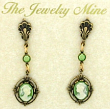 Vintage Inspired Victorian Style Cameo Drop Earrings - Green
