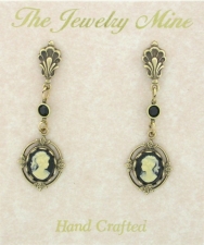 Vintage Inspired Victorian Style Cameo Drop Earrings - Jet