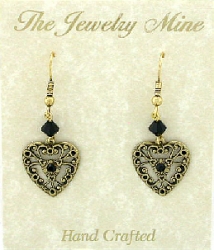 Vintage Victorian Style Jet Black Austrian Crystal Filigree Heart Earrings