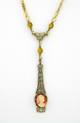 Victorian Style Linear Filigree Cameo Necklace- Corn