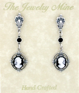 Vintage Victorian Antique Silver Black Cameo Drop Earrings