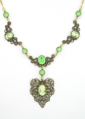 Victorian Filigree Cameo Bib Necklace - Green